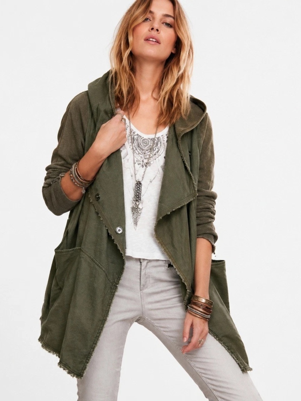 Free People Asymmetrical Snap Button Linen Hooded Utility Jacket Olive Green XS